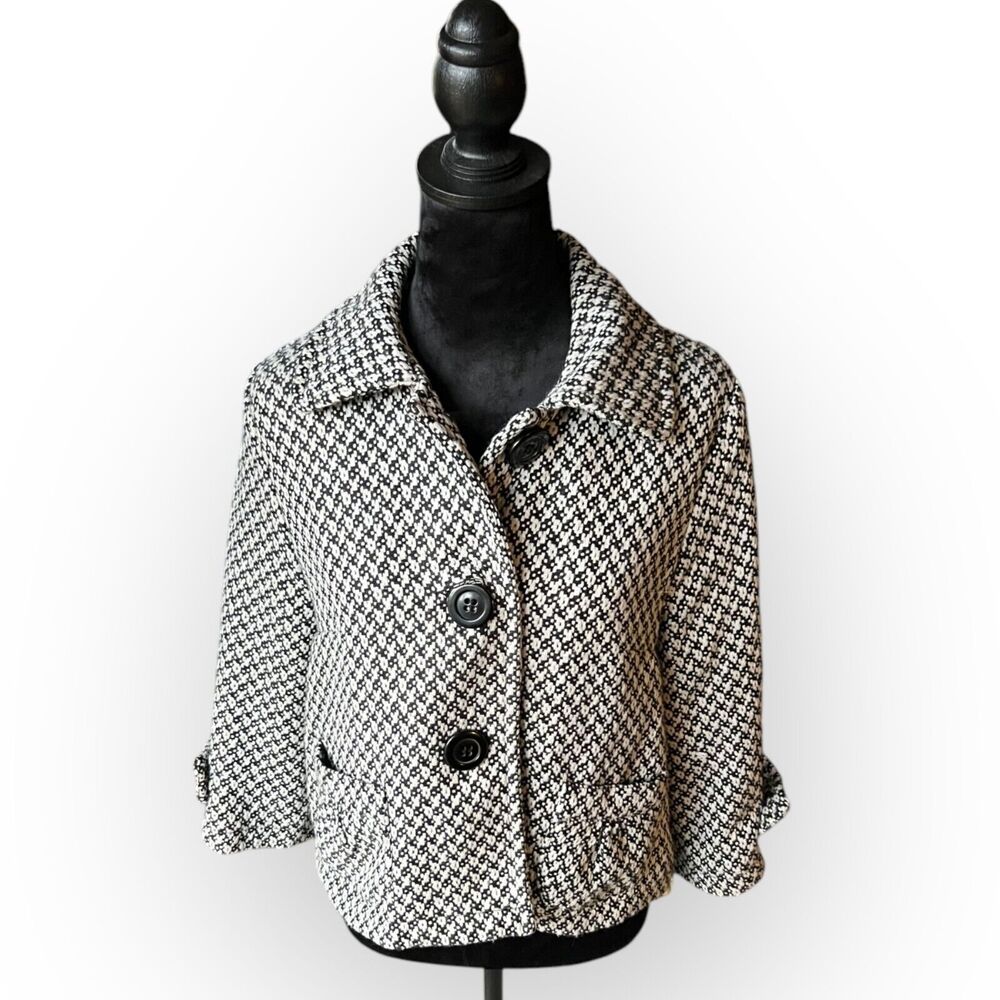 Sashimi Women's Black & White Tweed Wool Blend Waist Length Jacket Blazer Size M